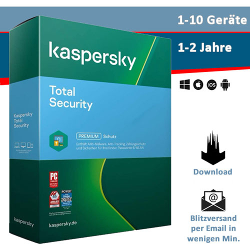 Kaspersky Total Security 2021/2022 - 1/3/5/10 Geräte, 1 oder 2 Jahre, Download